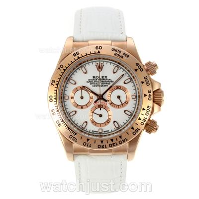 Rolex Daytona Working Chronograph Rose Gold Case with White Dial-Leather Strap