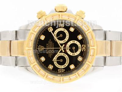 Rolex Daytona Working Chronograph Two Tone CZ Diamond Bezel with Black Dial-Diamond Marking