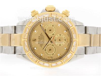 Rolex Daytona Working Chronograph Two Tone CZ Diamond Bezel with Golden Dial-Diamond Marking