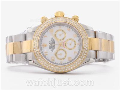 Rolex Daytona Working Chronograph Two Tone Diamond Bezel with White Dial-Number Marking Sapphire Glass