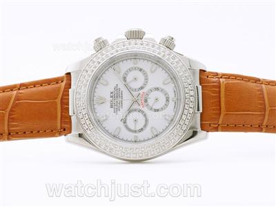 Rolex Daytona Working Chronograph White Dial Sticker Marking with Diamond Bezel - Brown Strap