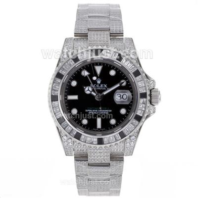 Rolex GMT-Master II Swiss ETA 2836 Movement Black/White CZ Diamond Bezel with Full Diamond Strap