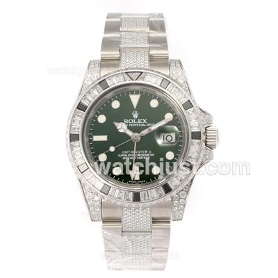 Rolex GMT-Master II Swiss ETA 2836 Movement Black/White CZ Diamond Bezel with Green Dial-Diamond Strap