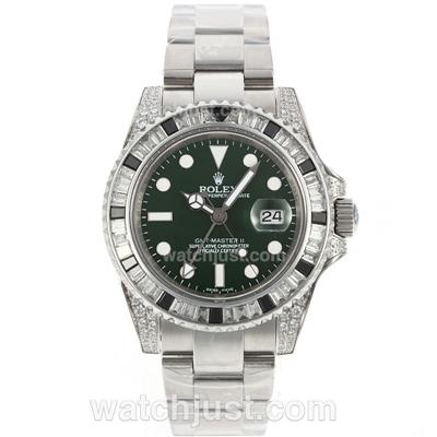 Rolex GMT-Master II Swiss ETA 2836 Movement Black/White CZ Diamond Bezel with Green Dial S/S