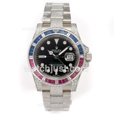 Rolex GMT-Master II Swiss ETA 2836 Movement Blue/Red CZ Diamond Bezel with Black Dial-Diamond Strap