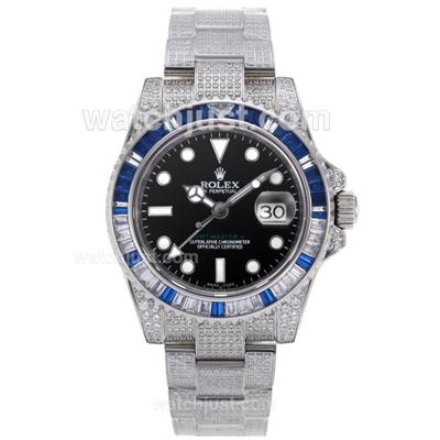 Rolex GMT-Master II Swiss ETA 2836 Movement Blue/White CZ Diamond Bezel with Full Diamond Strap