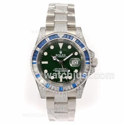 Rolex GMT-Master II Swiss ETA 2836 Movement Blue/White CZ Diamond Bezel with Green Dial-Diamond Strap