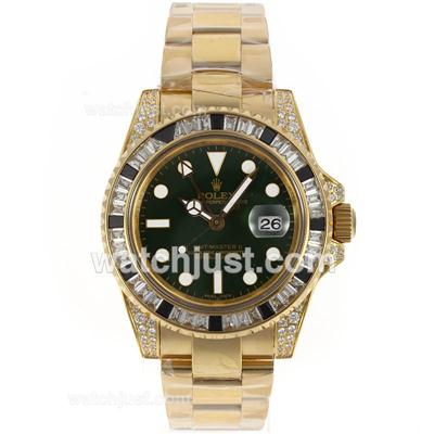 Rolex GMT-Master II Swiss ETA 2836 Movement Full Gold Black/White CZ Diamond Bezel with Green Dial