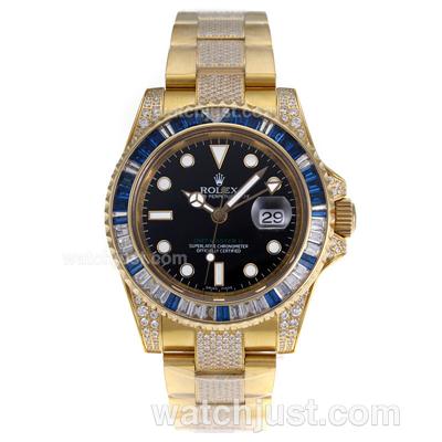 Rolex GMT-Master II Swiss ETA 2836 Movement Full Gold Blue CZ Diamond Bezel with Black Dial- Diamond Strap