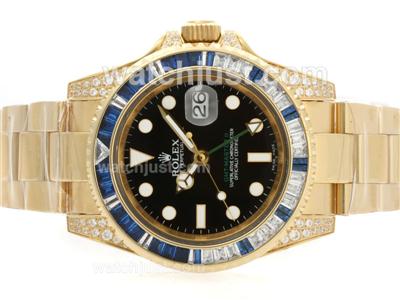 Rolex GMT-Master II Swiss ETA 2836 Movement Full Gold Blue CZ Diamond Bezel