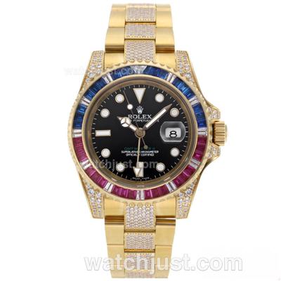 Rolex GMT-Master II Swiss ETA 2836 Movement Full Gold Blue/Red CZ Diamond Bezel with Diamond Strap