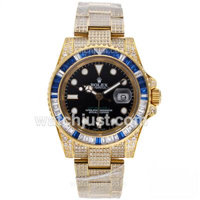 Rolex GMT-Master II Swiss ETA 2836 Movement Full Gold Blue/White CZ Diamond Bezel with Full Diamond Strap