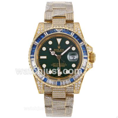 Rolex GMT-Master II Swiss ETA 2836 Movement Full Gold Green Dial with Full Diamond Strap