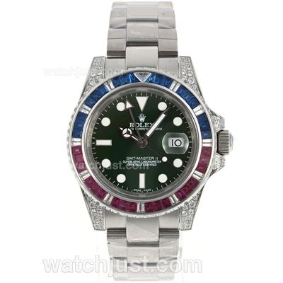 Rolex GMT-Master II Swiss ETA 2836 Movement Red/Blue CZ Diamond Bezel with Green Dial S/S