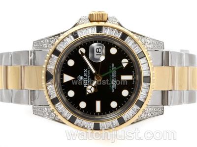 Rolex GMT-Master II Swiss ETA 2836 Movement Two Tone Black CZ Diamond Bezel