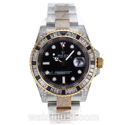 Rolex GMT-Master II Swiss ETA 2836 Movement Two Tone Black/White CZ Diamond Bezel with Black Dial-Diamond Strap