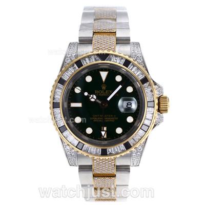 Rolex GMT-Master II Swiss ETA 2836 Movement Two Tone Black/White CZ Diamond Bezel with Green Dial-Diamond Strap