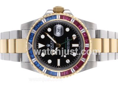 Rolex GMT-Master II Swiss ETA 2836 Movement Two Tone Red/Blue CZ Diamond Bezel with Black Dial