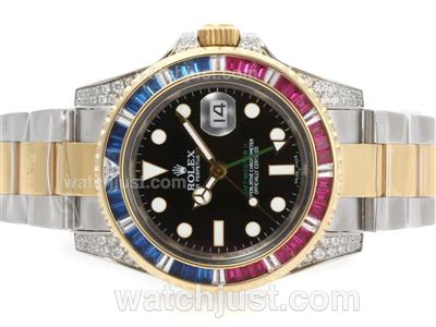 Rolex GMT-Master II Swiss ETA 2836 Movement Two Tone Red/Blue CZ Diamond Bezel