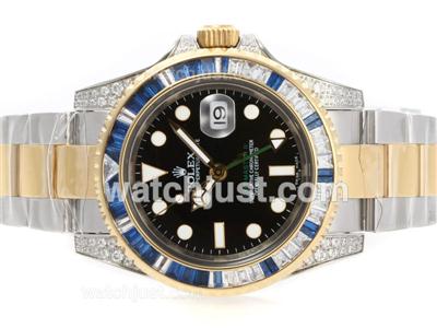 Rolex GMT-Master II Swiss ETA 2836 Movement Two Tone With Blue CZ Diamond Bezel