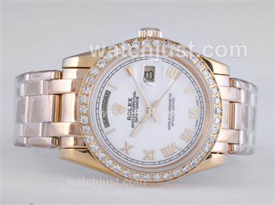 Rolex Masterpiece Automatic Full Gold Diamond Bezel with White Dial-Roman Marking