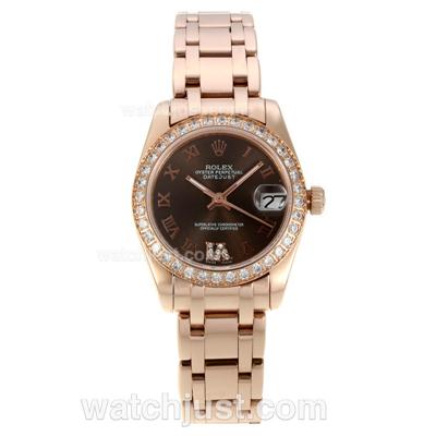 Rolex Masterpiece Automatic Full Rose Gold Diamond Bezel with Brown Dial-Roman Markers