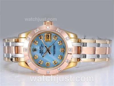 Rolex Masterpiece Automatic Three Tone with Blue MOP Dial Diamond Marking-Lady Size