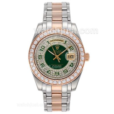 Rolex Masterpiece II Automatic Two Tone with Diamond Bezel and Green Dial -Number Markers