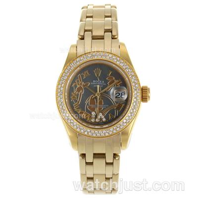 Rolex Masterpiece Swiss ETA 2671 Movement Full Gold Diamond Bezel Roman Markers with MOP Dial-Flowers Illustration