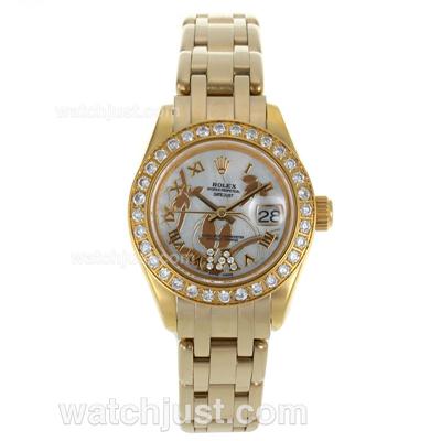 Rolex Masterpiece Swiss ETA 2671 Movement Full Gold Diamond Bezel Roman Markers with White MOP Dial-Flowers Illustration