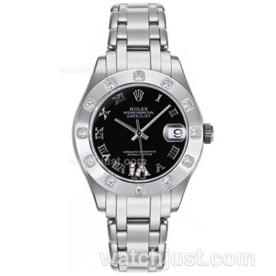 Rolex Masterpiece Swiss ETA 2836 Movement Diamond Bezel Roman Markers with Black Dial-Mid Size