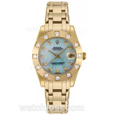 Rolex Masterpiece Swiss ETA 2836 Movement Full Gold Diamond Bezel and Markers with Blue MOP Dial-Mid Size