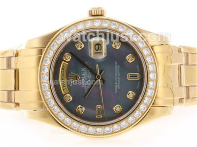 Rolex Masterpiece Swiss ETA 2836 Movement Full Gold Diamond Bezel and Marking with Black MOP Dial