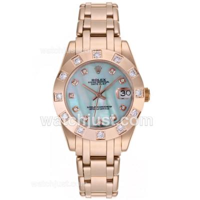 Rolex Masterpiece Swiss ETA 2836 Movement Full Rose Gold Diamond Marking with Blue MOP Dial-Mid Size