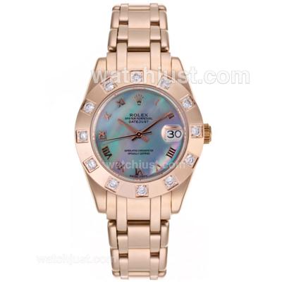 Rolex Masterpiece Swiss ETA 2836 Movement Full Rose Gold Roman Marking with Blue MOP Dial-Mid Size