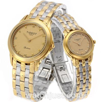 Tissot Ballade Two Tone Stick Markers with Golden Dial-Couple Watch