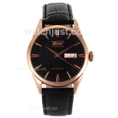 Tissot ViboDate Automatic Rose Gold Case with Black Dial-Leather Strap