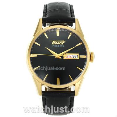 Tissot ViboDate Swiss ETA 2836 Movement Gold Case with Black Dial-Leather Strap