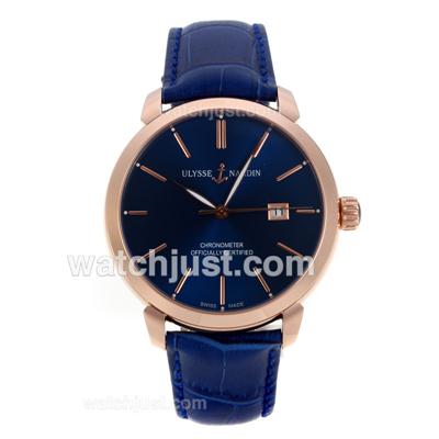 Ulysse Nardin Classico Automatic Rose Gold Case Stick Markers with Blue Dial-18K Plated Gold Movement
