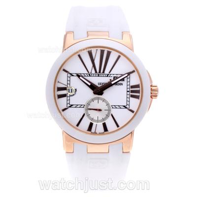 Ulysse Nardin Dual Time Automatic Rose Gold Case Ceramic Bezel with White Dial-Rubber Strap