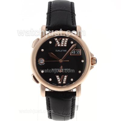 Ulysse Nardin Dual Time Automatic Rose Gold Case Diamond Markers with Black Dial-Leather Strap