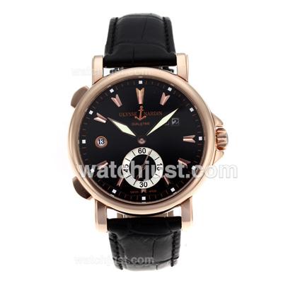 Ulysse Nardin Dual Time Automatic Rose Gold Case with Black Dial-Leather Strap