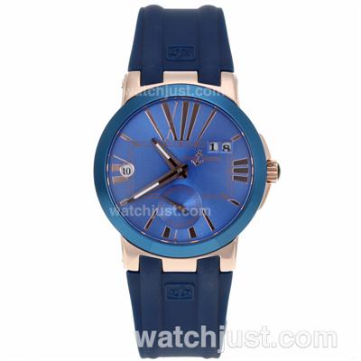 Ulysse Nardin Dual Time Automatic Rose Gold Case with Blue Dial-Blue Rubber Strap