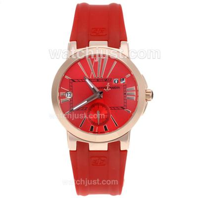 Ulysse Nardin Dual Time Automatic Rose Gold Case with Red Dial-Red Rubber Strap