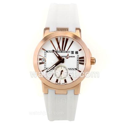 Ulysse Nardin Dual Time Automatic Rose Gold Case with White Dial-White Rubber Strap