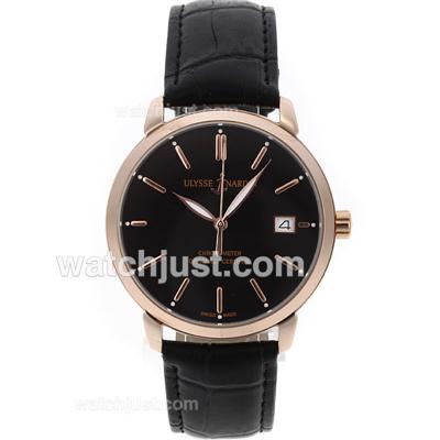 Ulysse Nardin Lelocle Suisse Rose Gold Case with Black Dial-Leather Strap