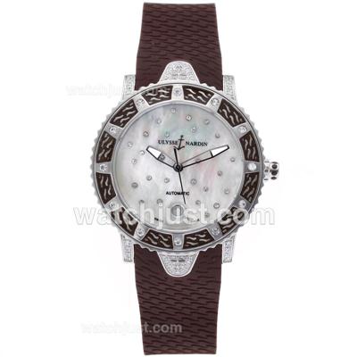 Ulysse Nardin Marine Automatic Diamond Bezel and Case with MOP Dial- Brown Rubber Strap