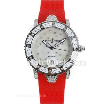 Ulysse Nardin Marine Automatic Diamond Case with Diamond MOP Dial-Red Rubber Strap