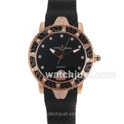 Ulysse Nardin Marine Automatic Rose Gold Case Black Diamond Bezel with Black Dial-Black Rubber Strap