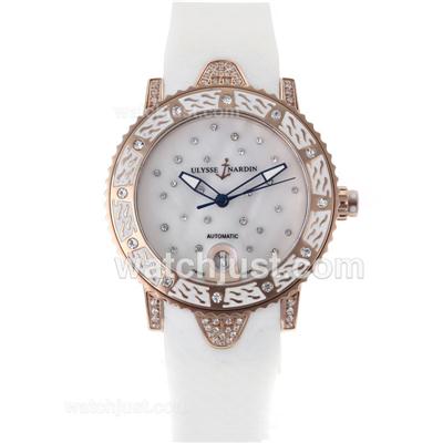 Ulysse Nardin Marine Automatic Rose Gold Case Diamond Bezel with MOP Dial-Rubber Strap